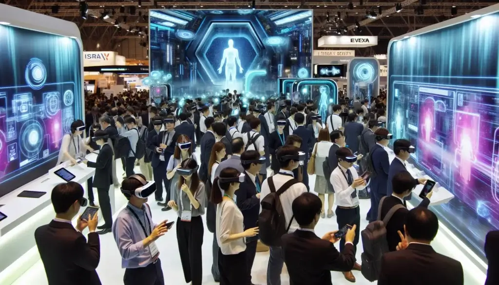 An exhibition concept with guests engaging with AR/VR technology. 