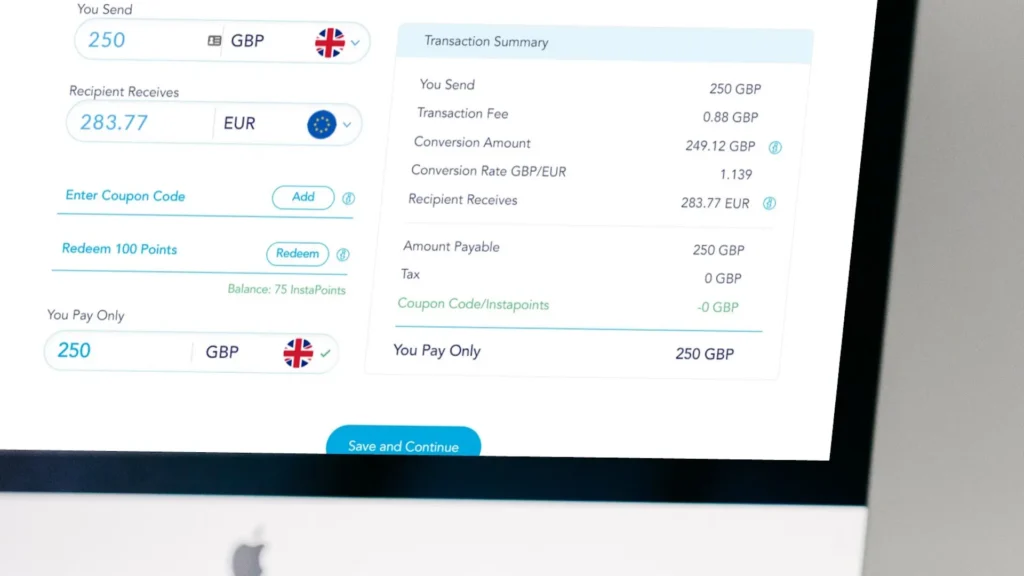 A transaction summary with currency conversion details shown on a screen.