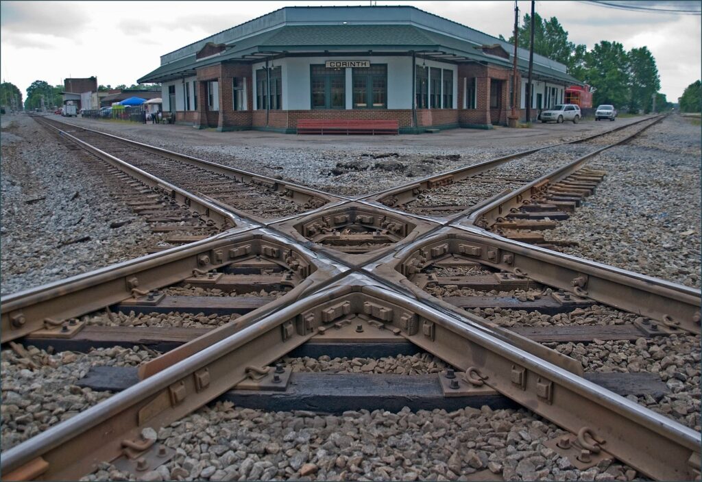 A flat rail crossing where two railway lines intersect. 