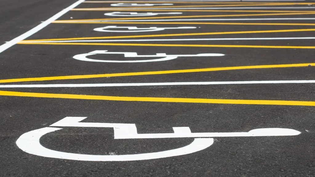 Empty disabled parking spaces with markings.