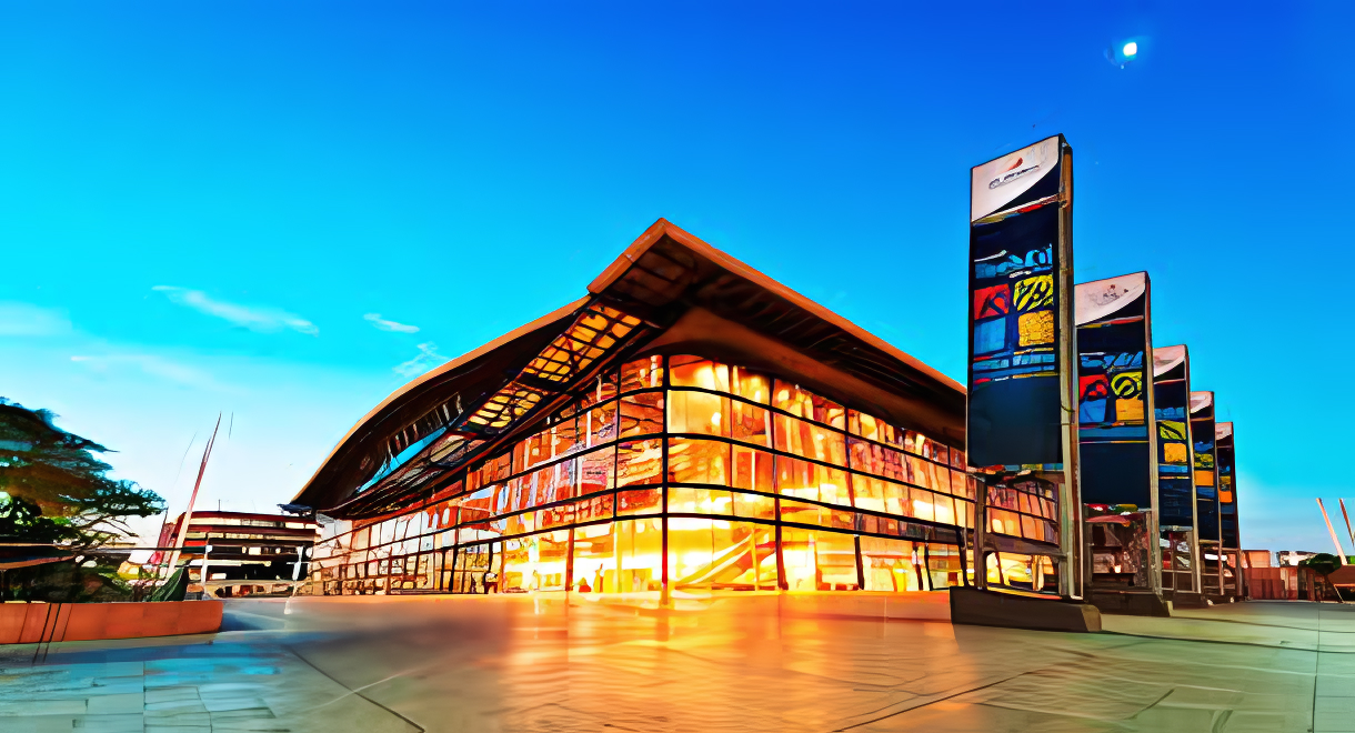 Durban International Convention Centre twilight exterior with iconic curved roof