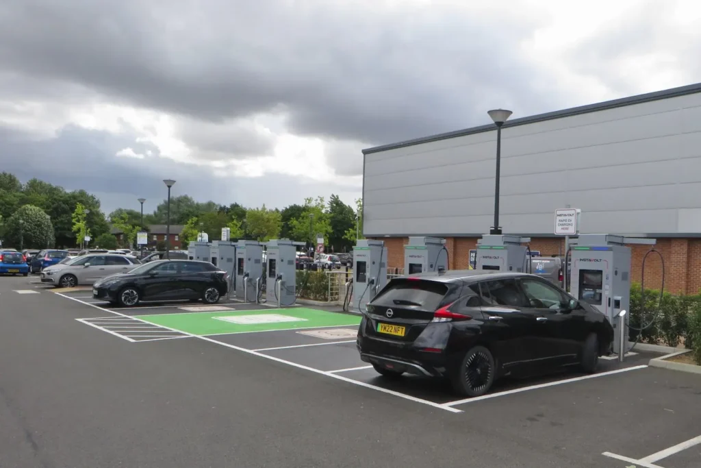 An electric vehicle charging station parking lot.