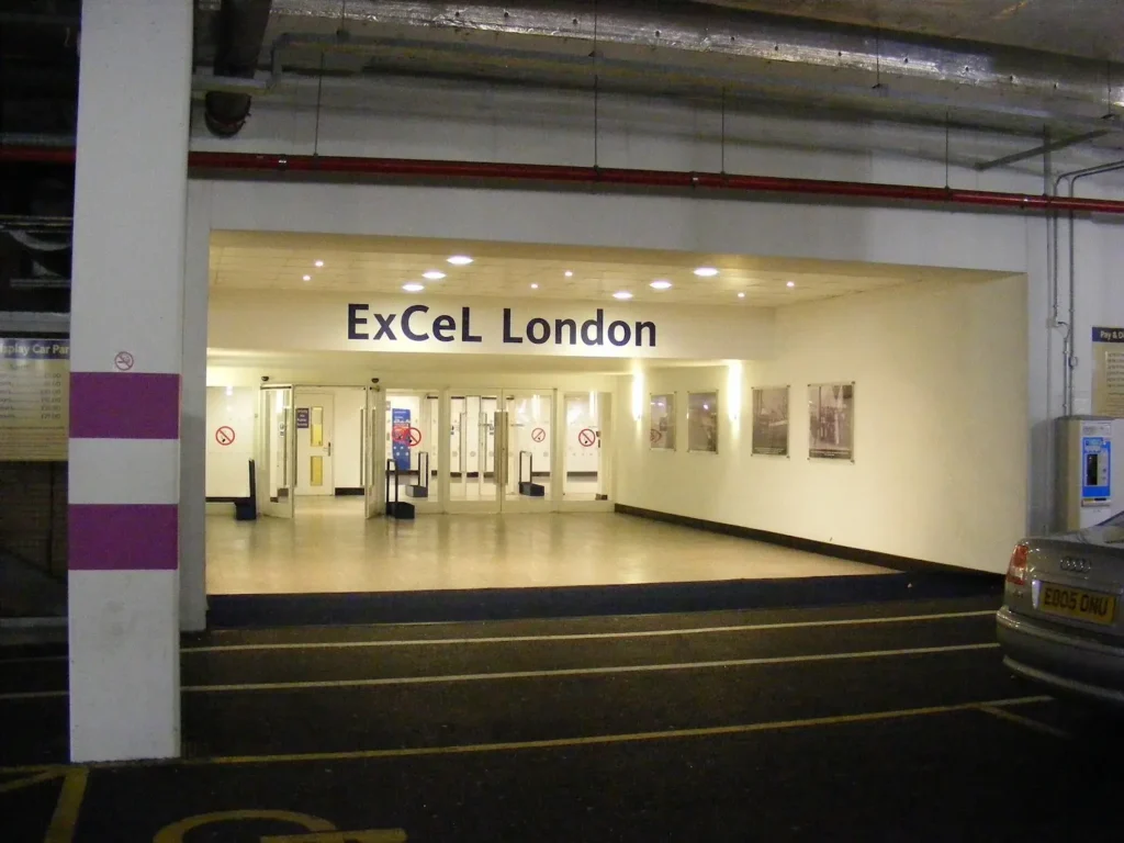 Underground parking venue entrance at ExCeL London.