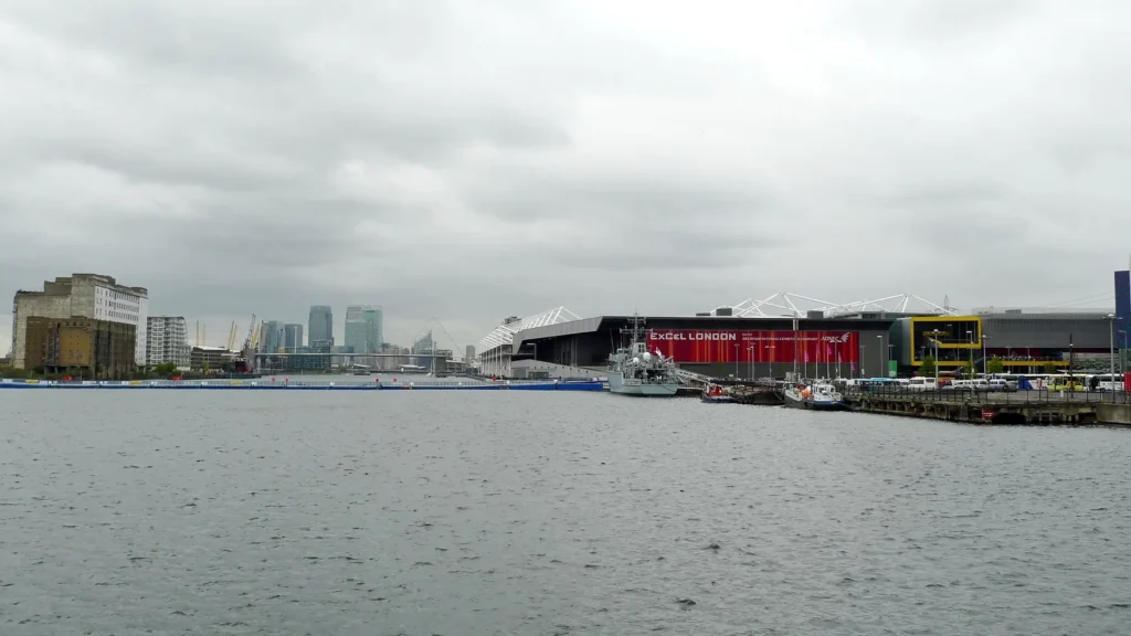 The ExCeL London venue viewed from the London Docks.