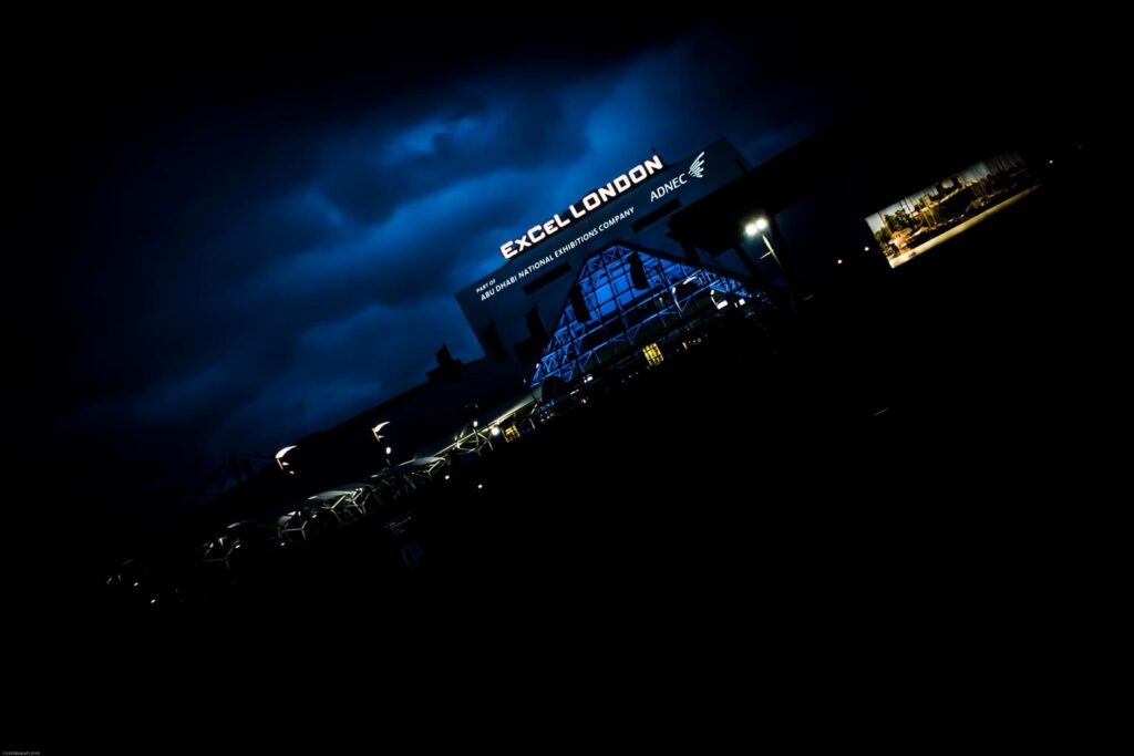 Night view of the ExCeL London venue. 