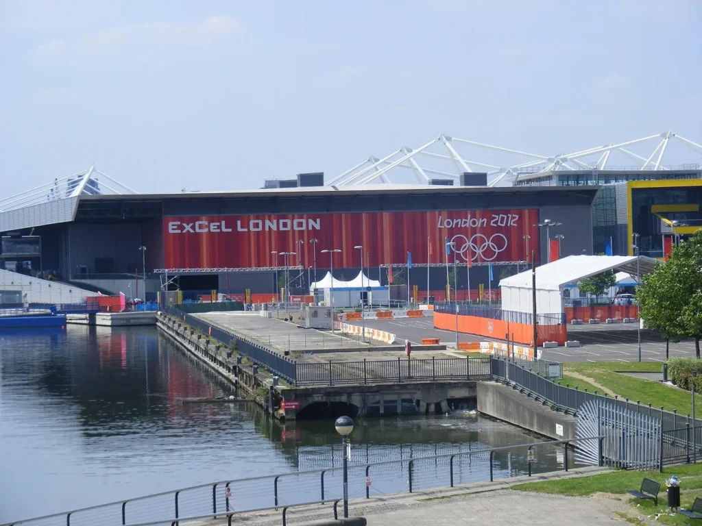 The ExCeL London's exterior in 2012 with promotional branding for the London 2012 Olympics. 