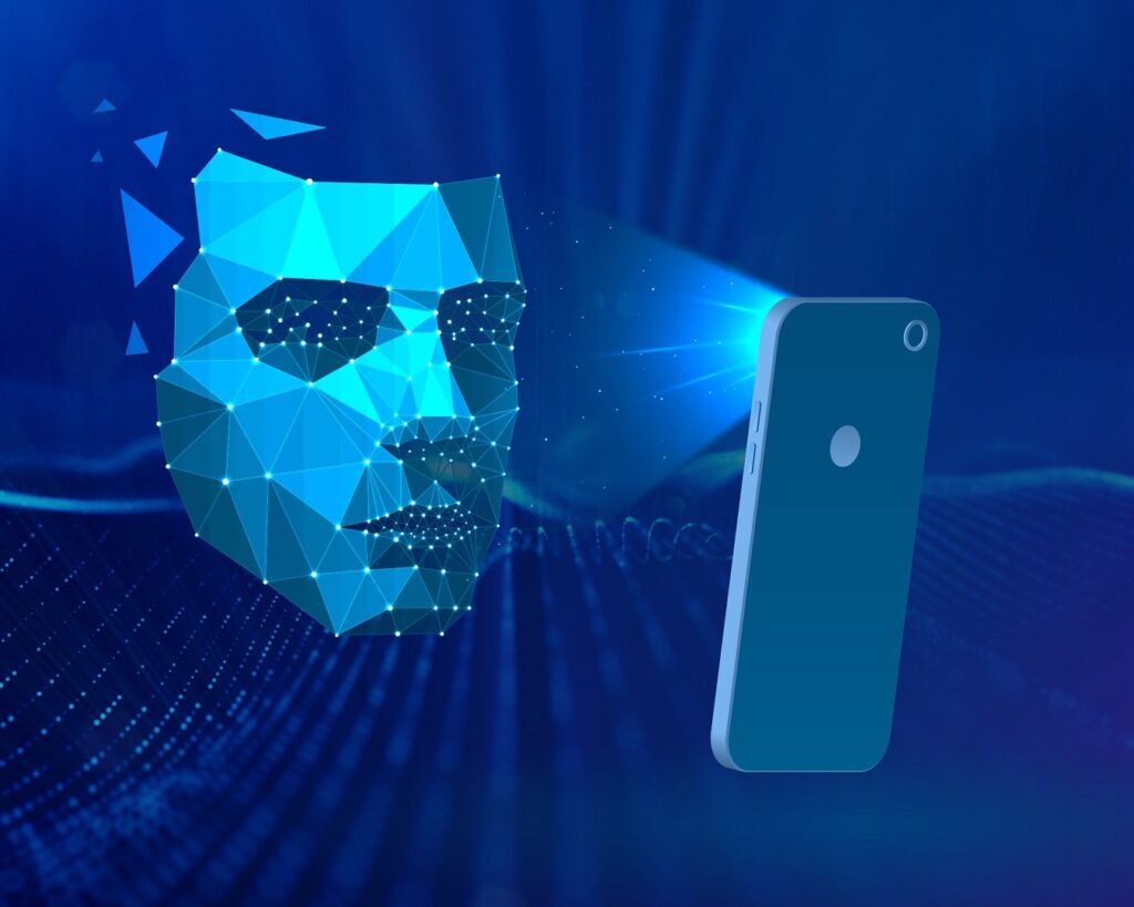 A graphic representation of a smartphone using facial recognition technology.