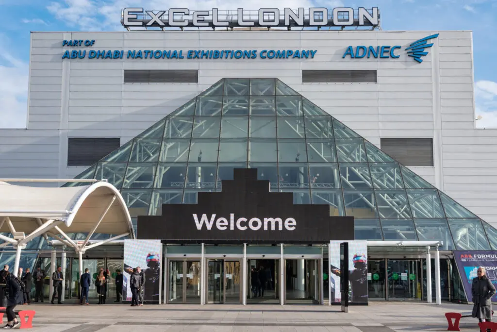ExCeL London main entrance showing the glasshouse structure.