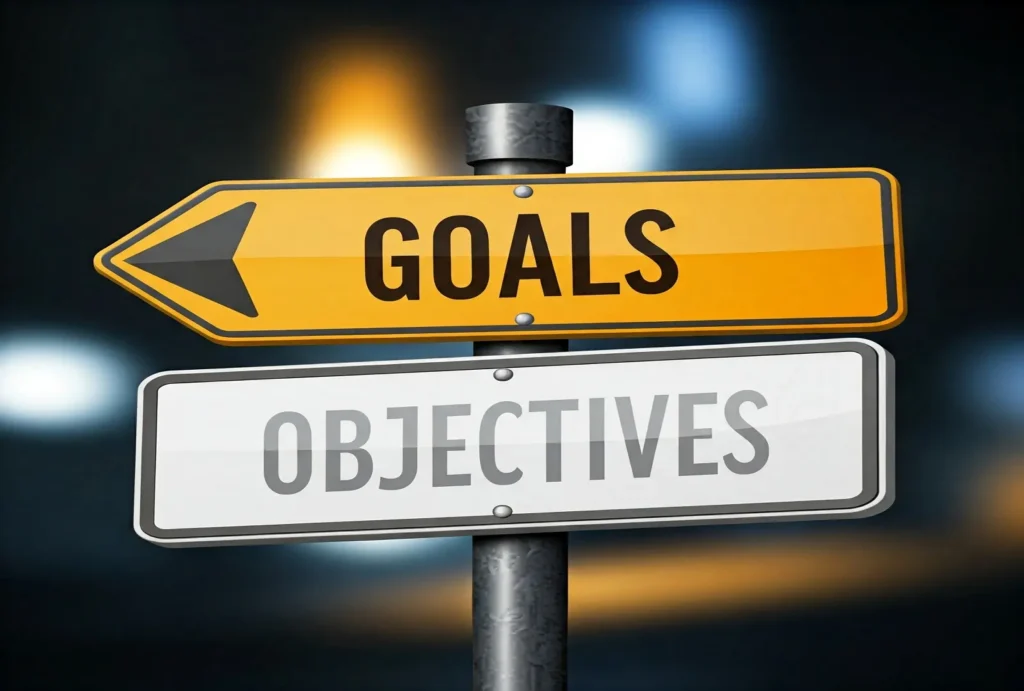 A street sign with directions to "goals" pointing left and "objectives" under it. 