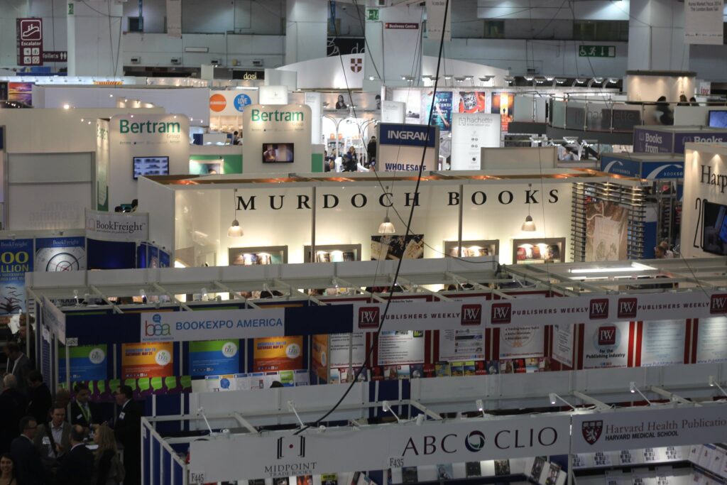 Various booths at the London Book Fair.