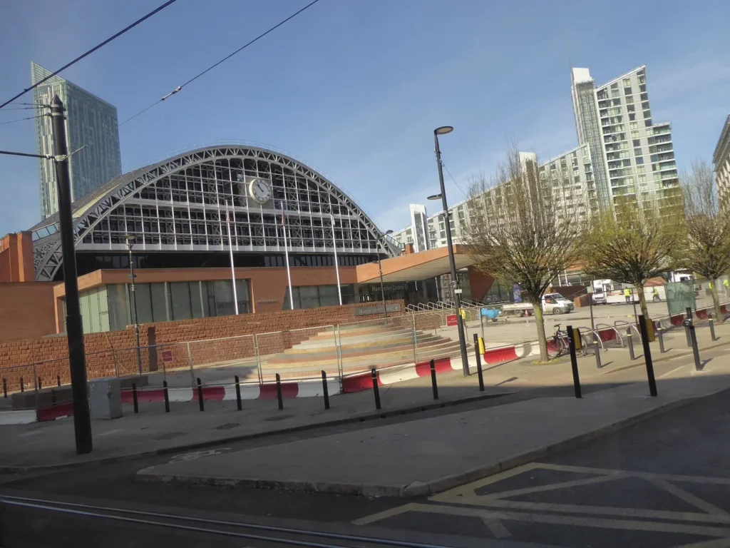 Roadside view of the Manchester Central expo venue. 