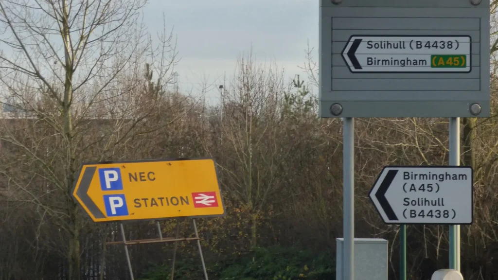 Directional signs for NEC Parking, Birmingham, and Solihull.