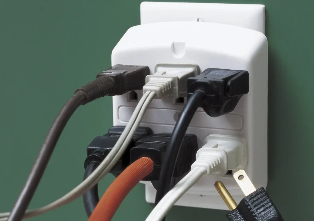 An overloaded electrical socket with 6 plugs connected.