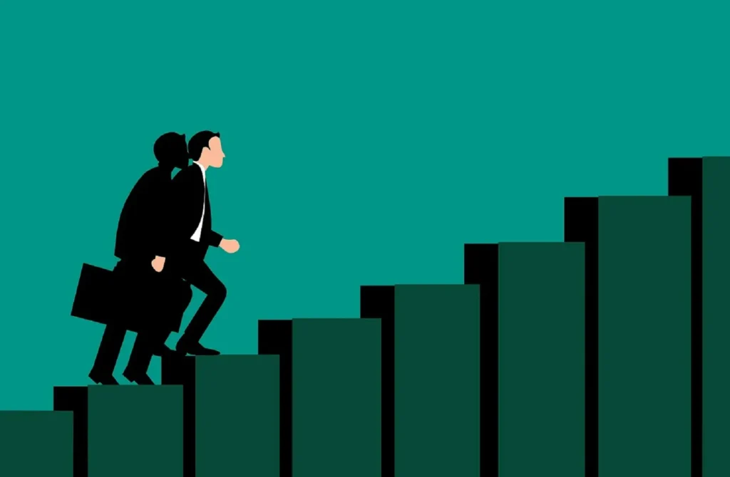 A cartoon of a man in a suit climbing a staircase meant to look like a bar graph. 