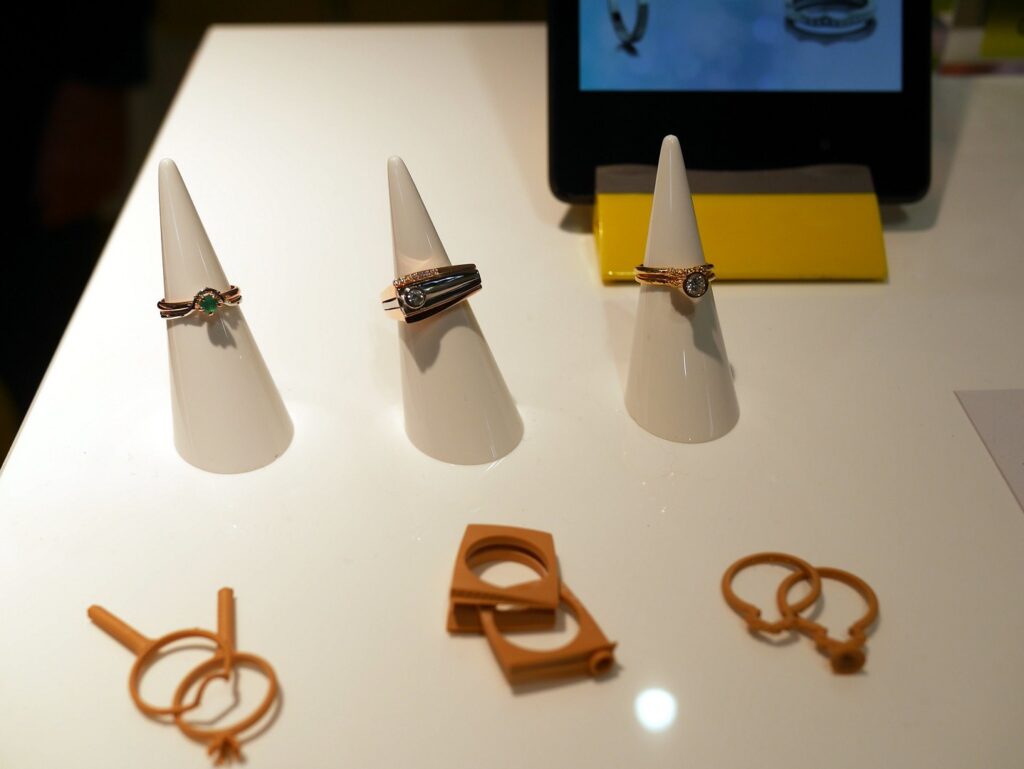 Three rings on display from a jewellery company at Spring Fair.