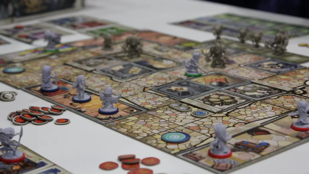 A tabletop fantasy card game with counters and miniatures. 