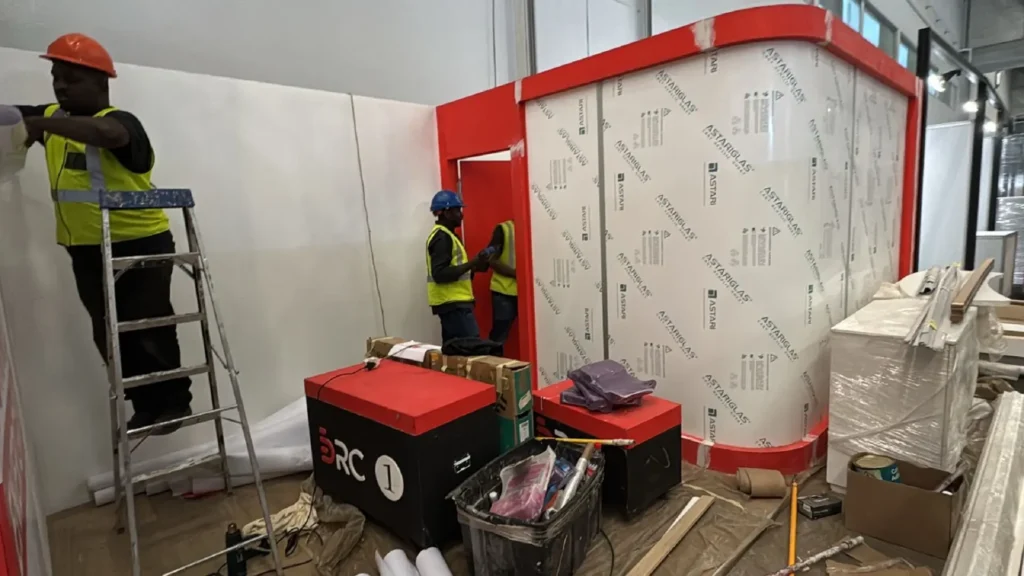 Interior construction of the Booth Exhibits™ stand for Telecel at AfricaCom 2024 in Cape Town.