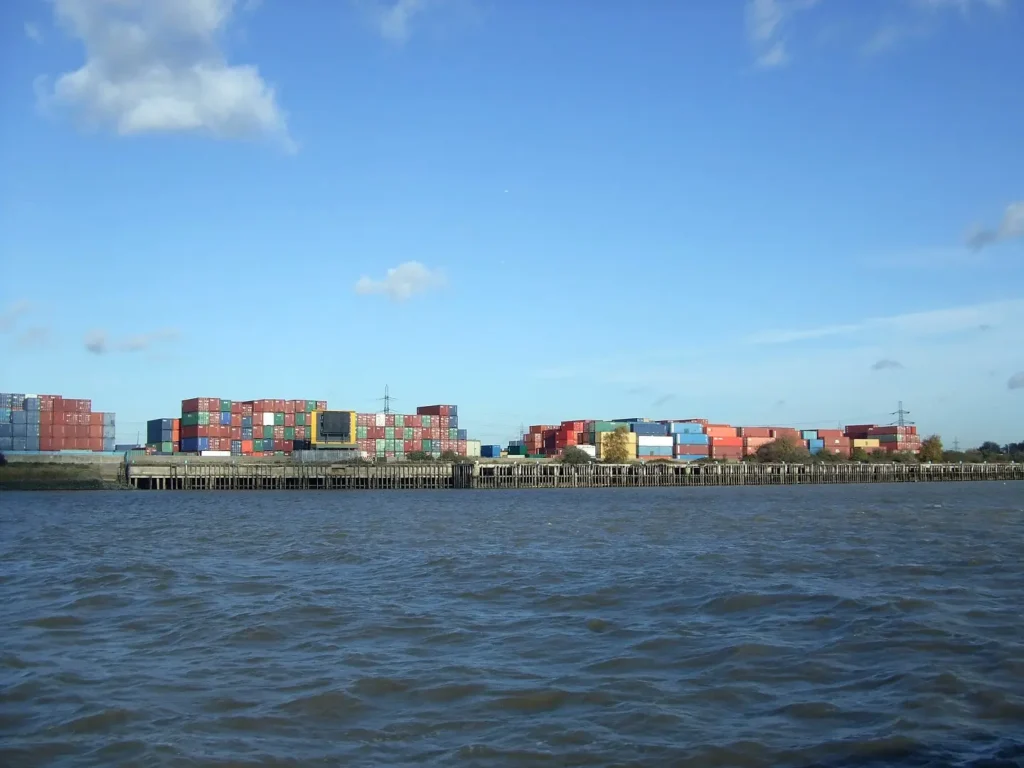 Shipping containers stacked up at the London Docks.