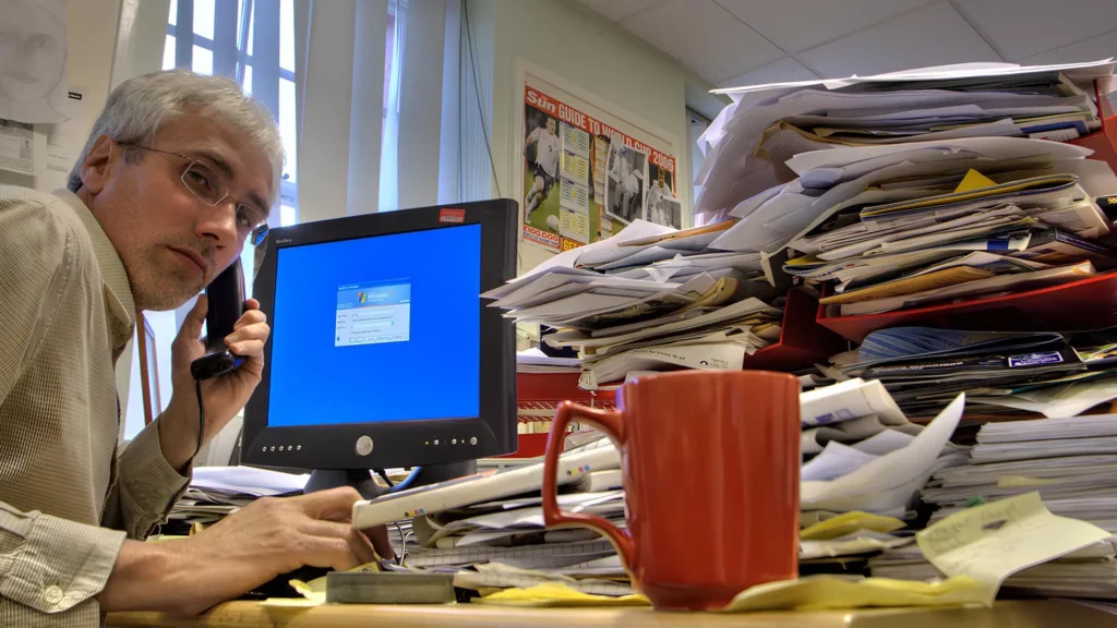 An overworked employee takes a call at an understaffed office next to a pile of folders. 