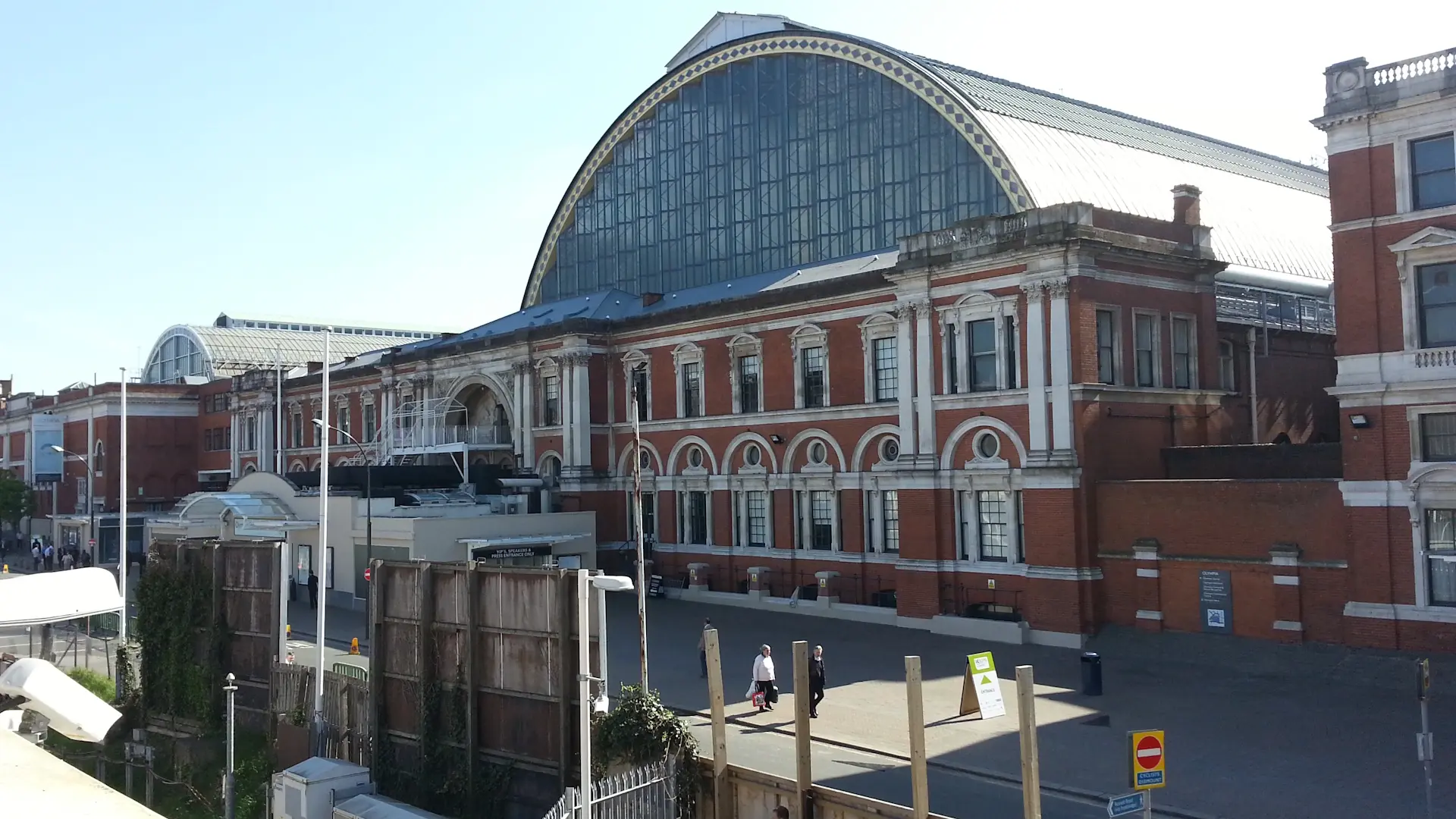 Olympia London viewed from the adjacent train station.