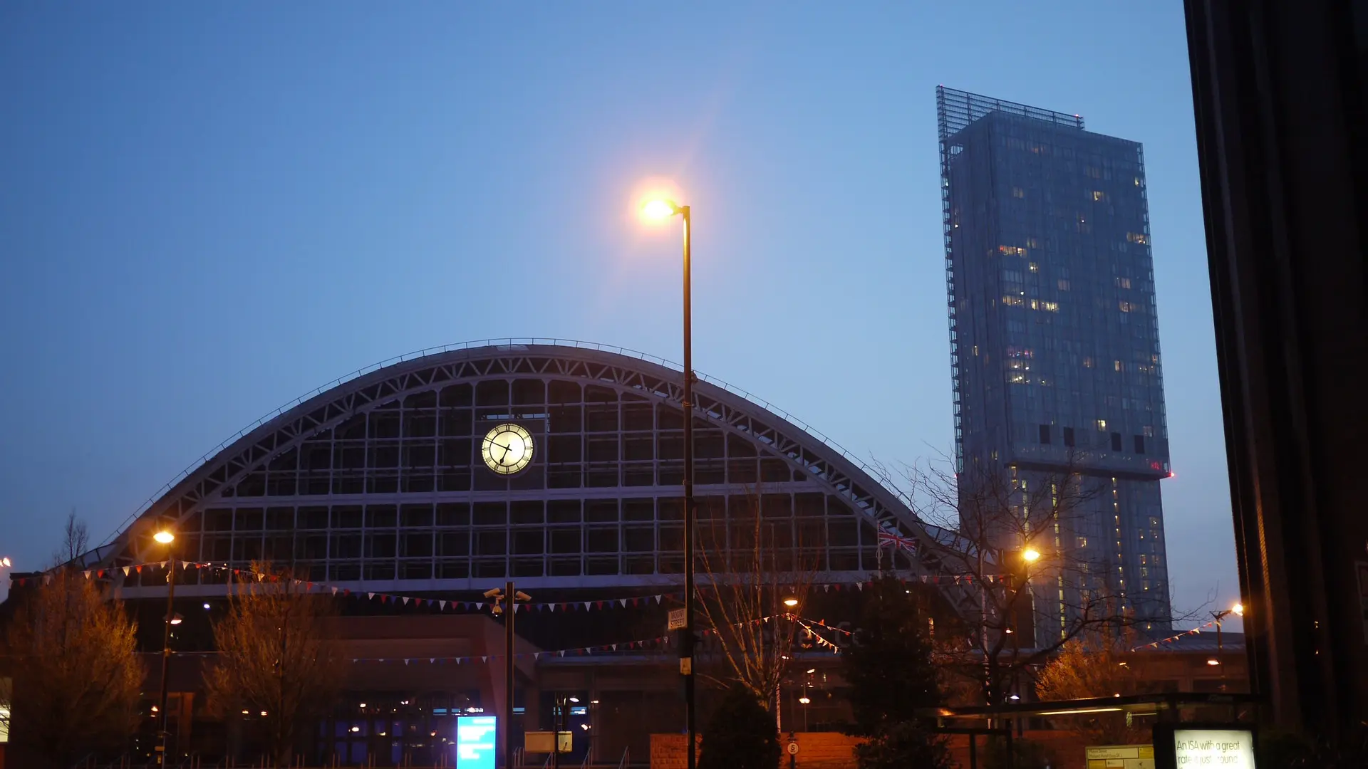 The exterior of Manchester Central in the evening.