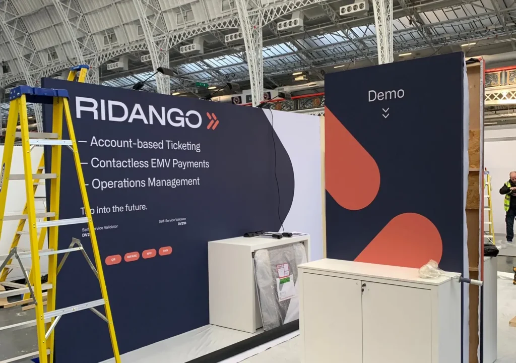 Construction in progress on Ridango's 2025 trade show booth at Olympia, built and designed by Booth Exhibits™.
