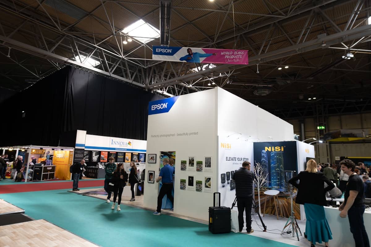 A hired modular stand visited by attendees.