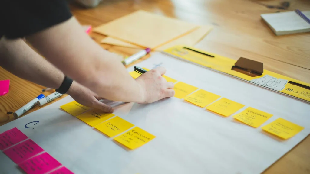 A project manager planning on a white board with sticky notes.