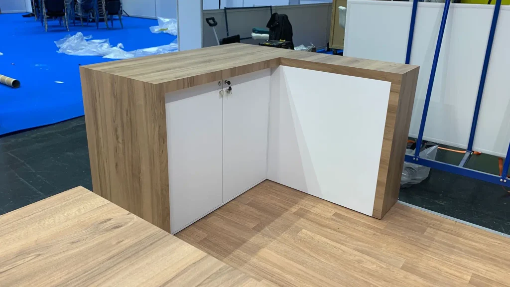 Exhibition stand storage counter setup during installation.